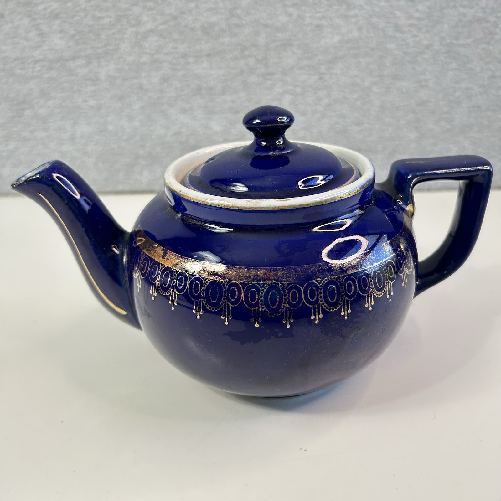 Hall's China Ceramic Cobalt Blue Teapot Gold Leaf + Lid MT36 Vintage 1930s