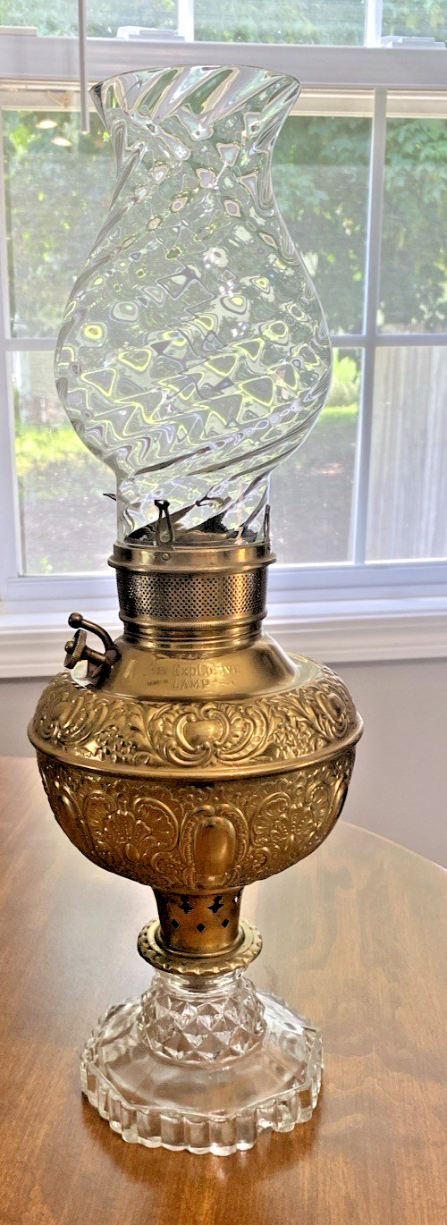 Antique Brass Edward Miller “The Non-Explosive” Oil Lamp Glass Base & Globe