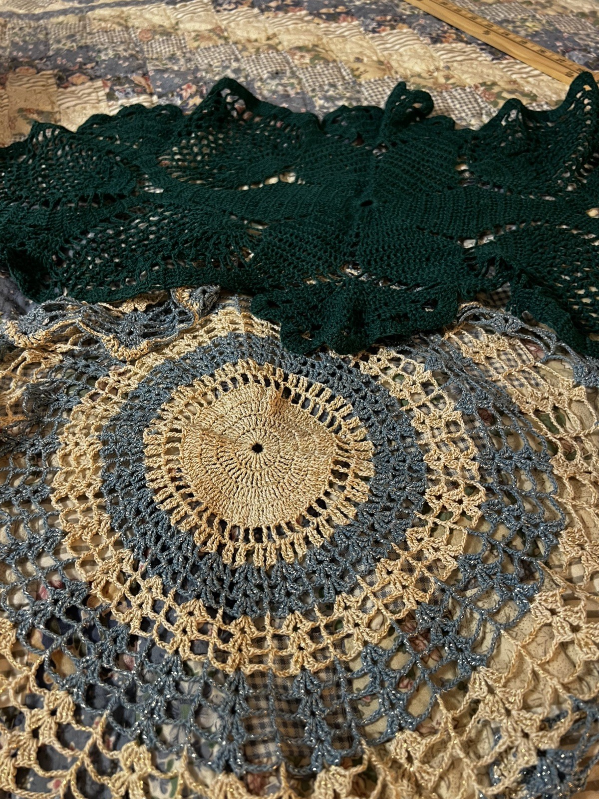 Vintage Handmade Crochet Cotton Round Floral Doily, Blue & Beige, 2 pc.