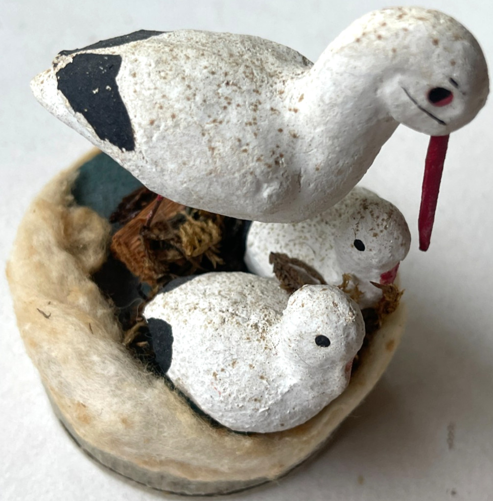 Antique German Spun-Cotton Stork Family Candy Container Hand-Painted