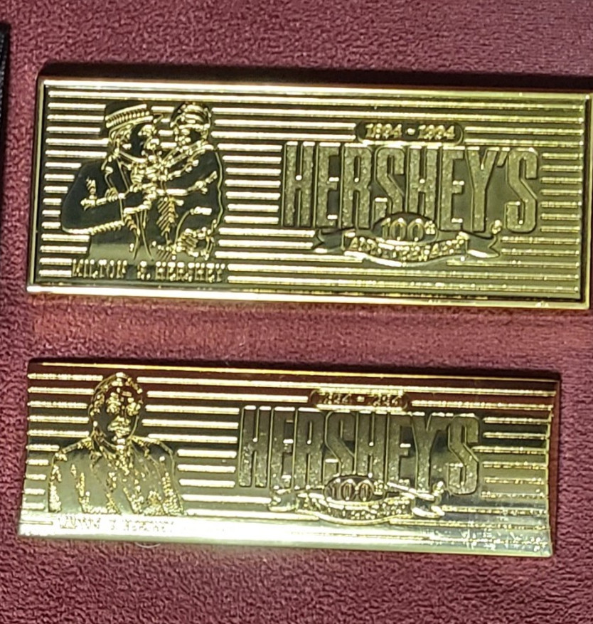 Vintage Hershey’s 100th Anniversary Gold Tone Bars w/ Velvet Holders