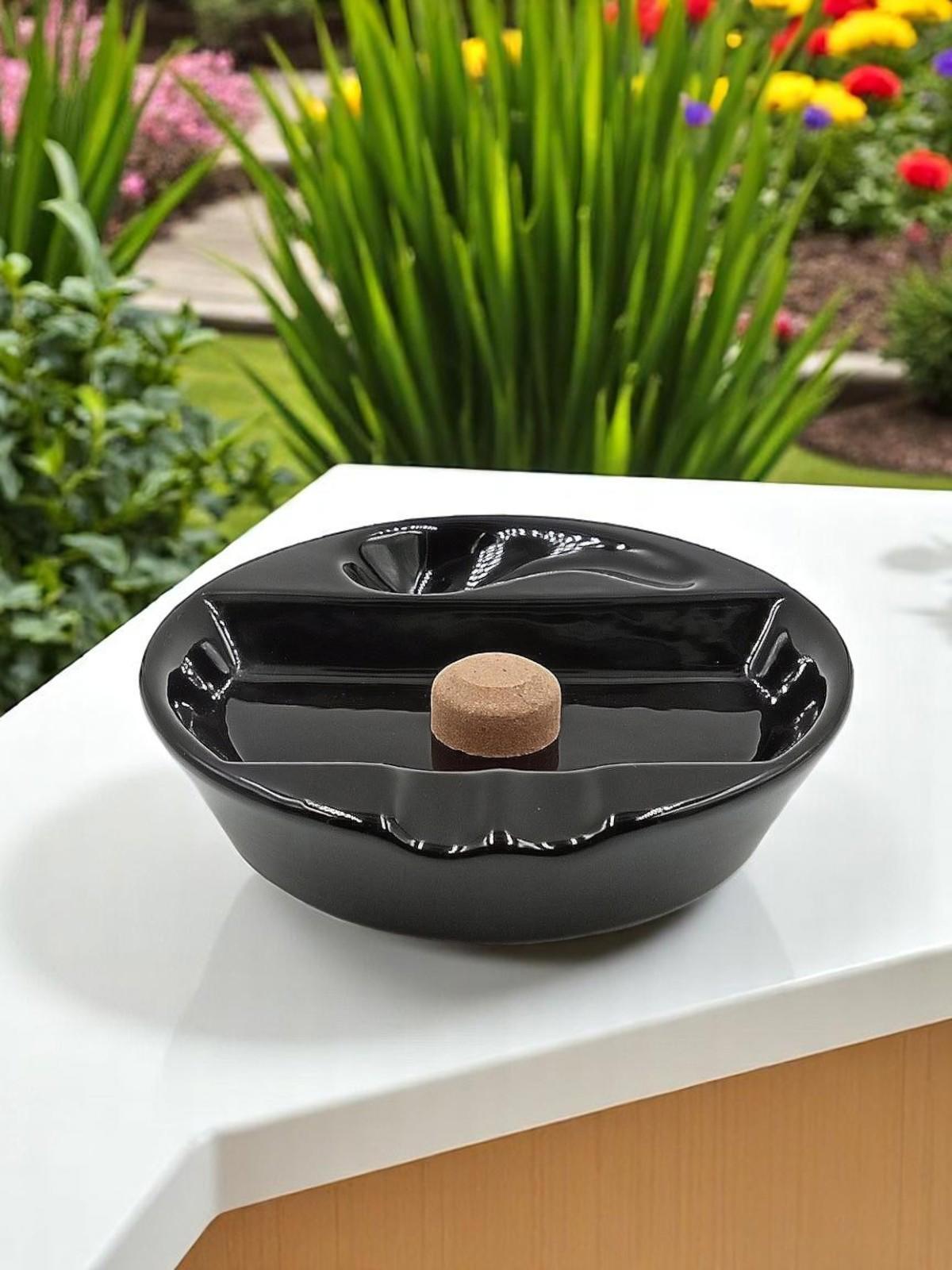 Black Ceramic Ashtray with Cork Knocker – 1 Pipe Rest And 2 Cigar Slots