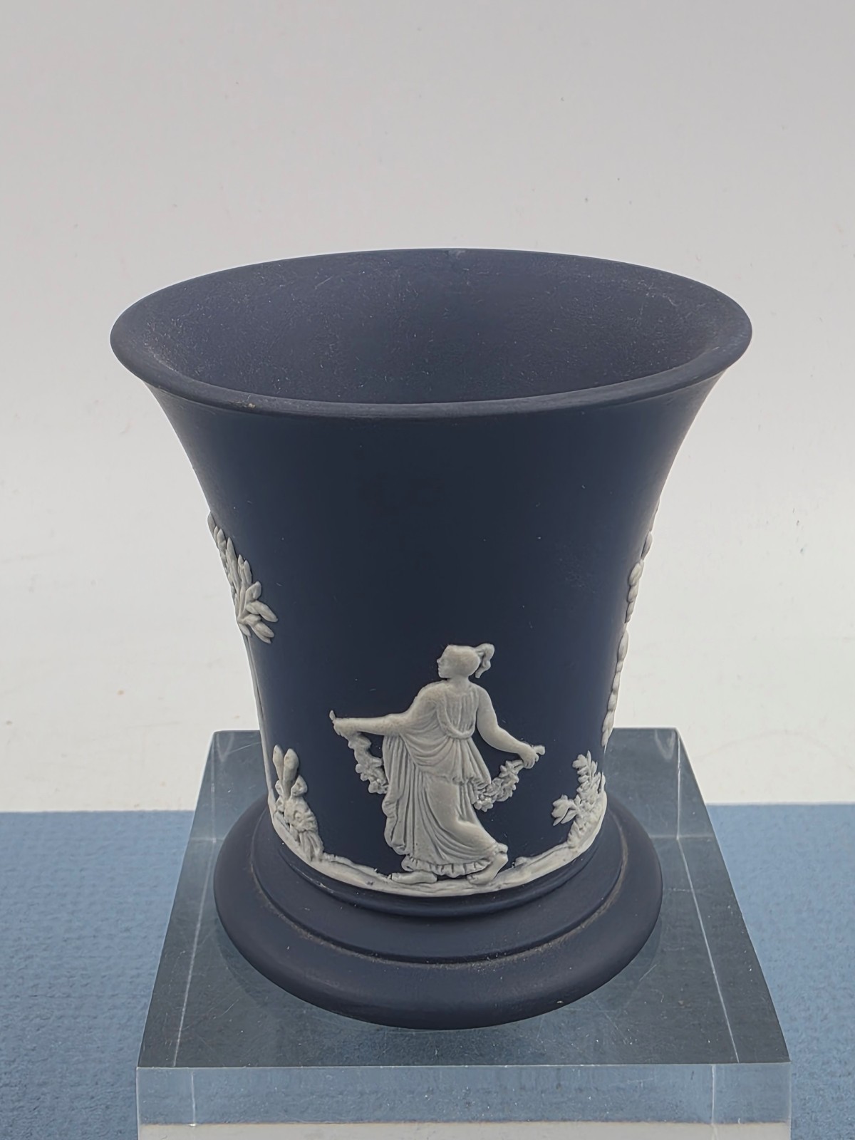 Vintage Wedgwood 2.75” Cobalt Blue Jasperware Vase Greek Mythology 1972 England