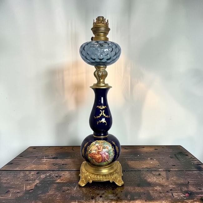 Antique French Sevres Style Cobalt Blue Porcelain Oil Lamp Gilt Bronze 23