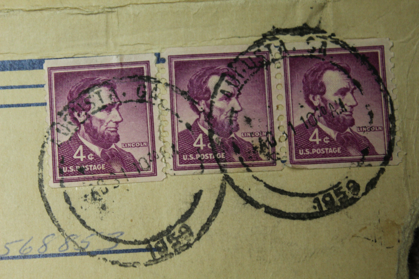 3 Original Abraham Lincoln 4 Cent Purple Postage Stamps on 1959 d. Envelope