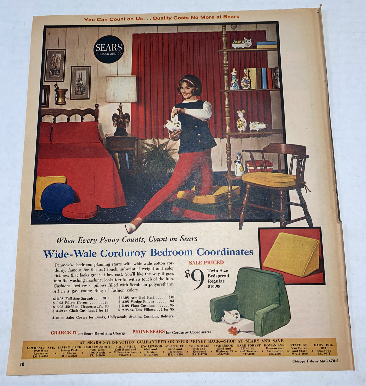 Vintage 1965 MCM Wide Wale Corduroy Bedroom Decor Sears Print Ad Mid Century