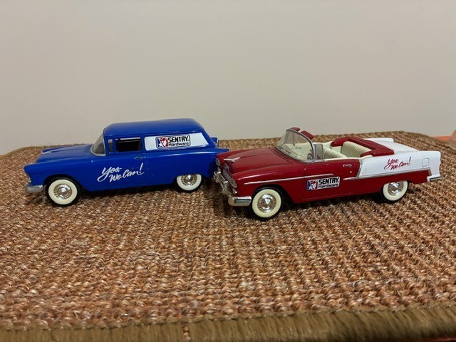 Sentry Hardware Model Car Collectors Bank Lot.  1955 Chevy Convertible and Sedan