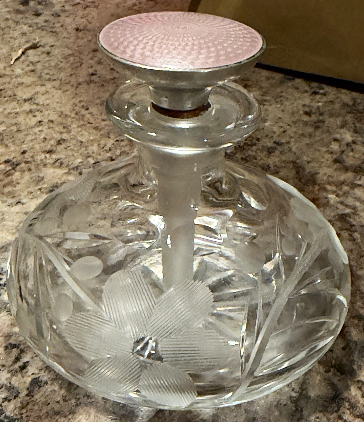 ABP Art Deco Cut Glass Perfume Cologne Bottle Pink Guilloche Enamel Sterling