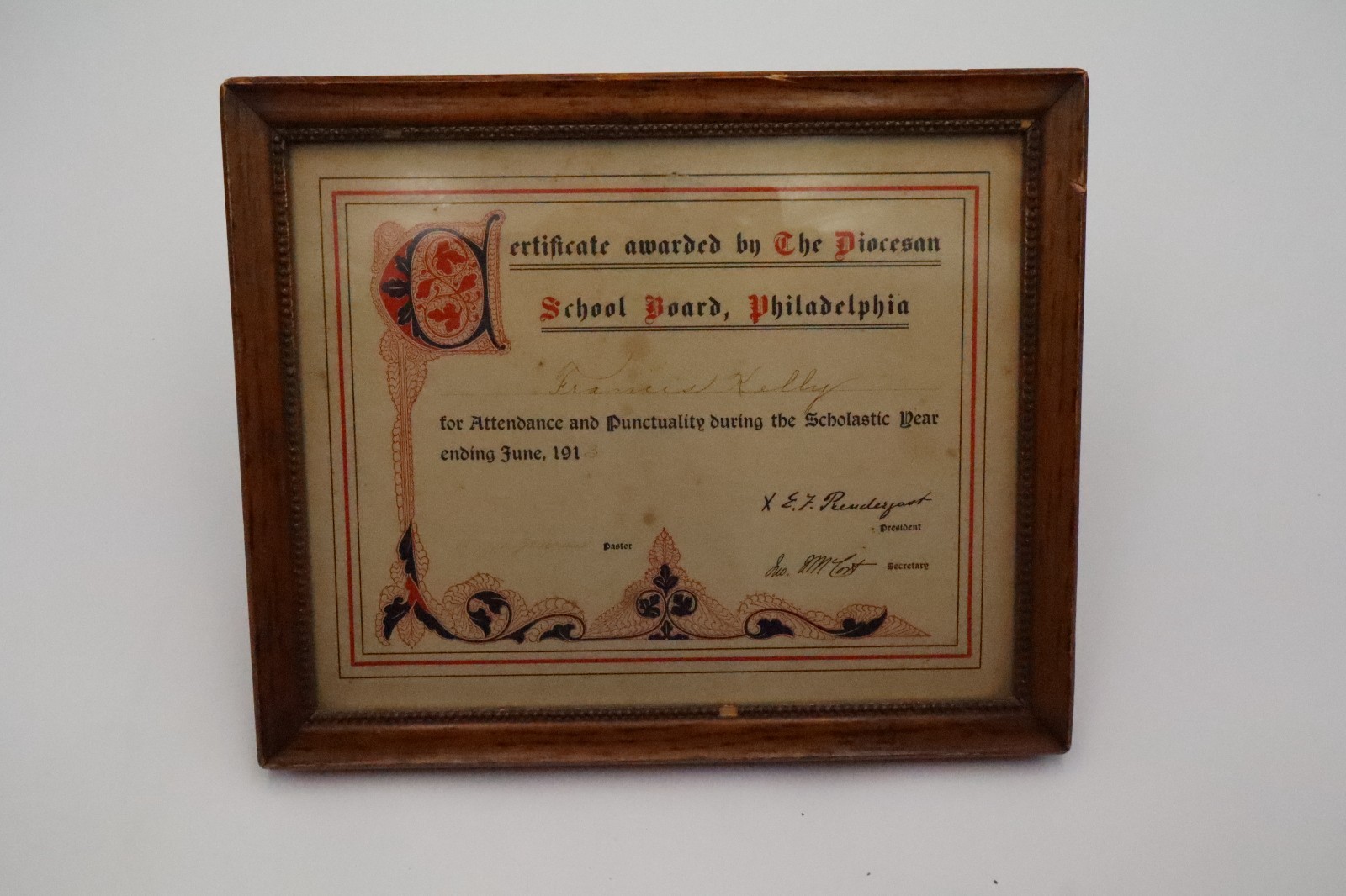 Antique 1913 Philadelphia Diocesan School Board Attendance Certificate Framed
