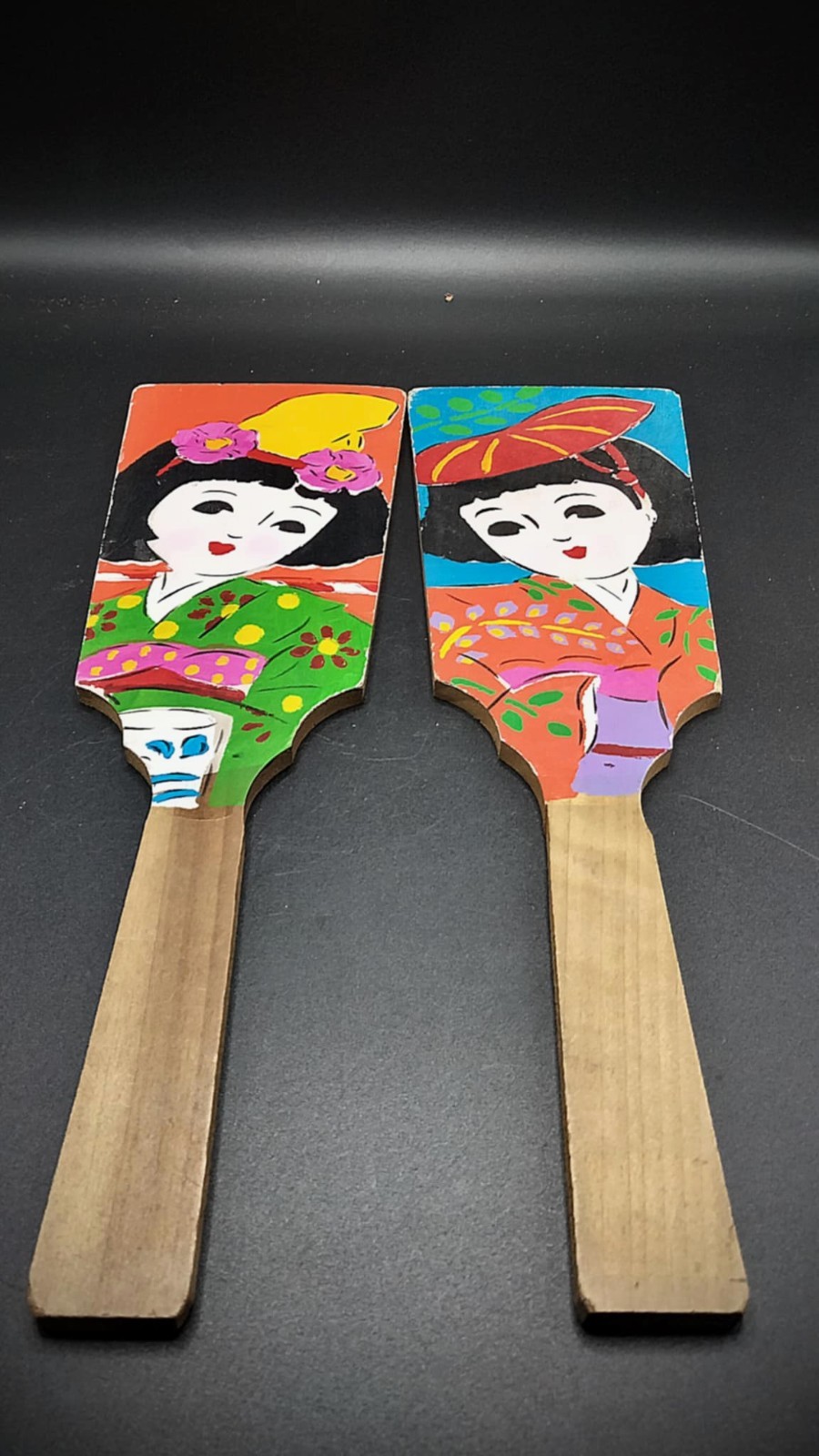 VTG Pair Japanese Hagoita Wooden Fan Paddles Hanetsuki New Year Lucky Charm