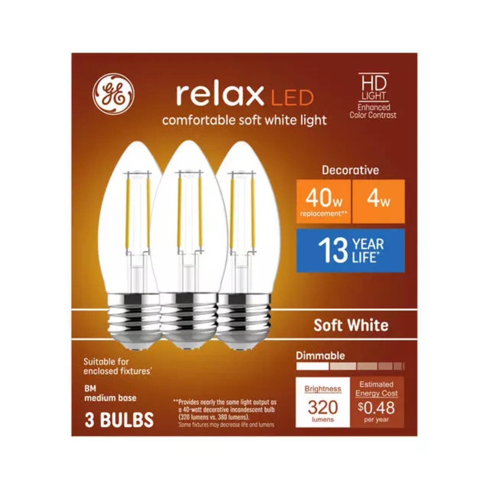 GE Relax HD B11 LED Light Bulbs, Decorative Candle Bulbs, 40 Watt Replacement, S