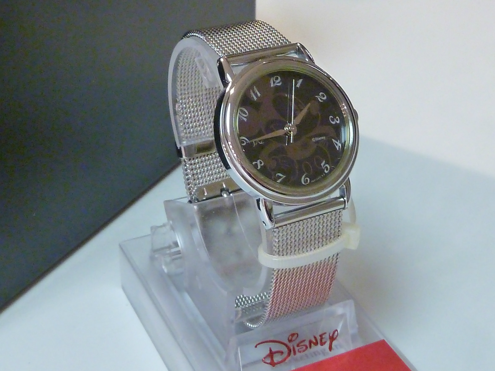 RARE NIB STUNNING JAZ WOMEN'S MICKEY MOUSE WATCH - SILVER MESH BAND - BLACK FACE