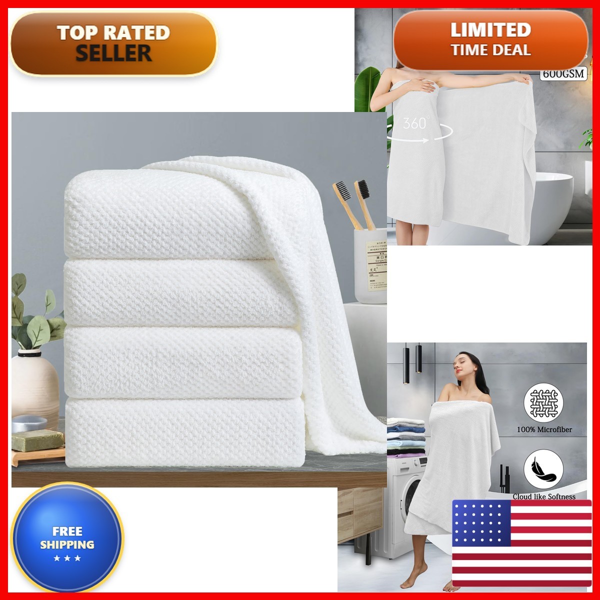 Extra Large Bath Towels 35x70 Inches White 600 GSM Microfiber 4-Pack Bath Sheet