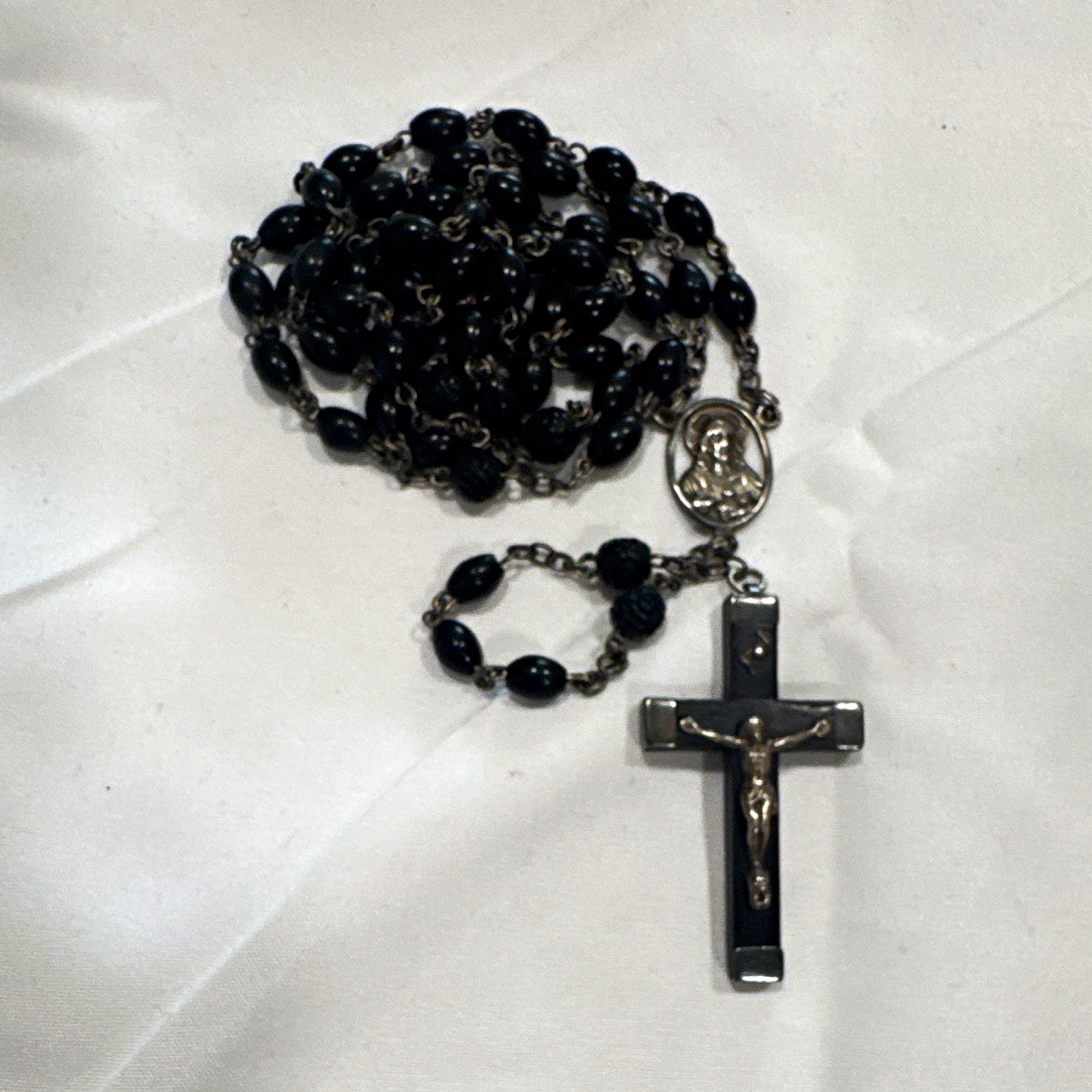 Vintage French Sterling Silver & Albany Wood Rosary- 20 in. (64 beads) France