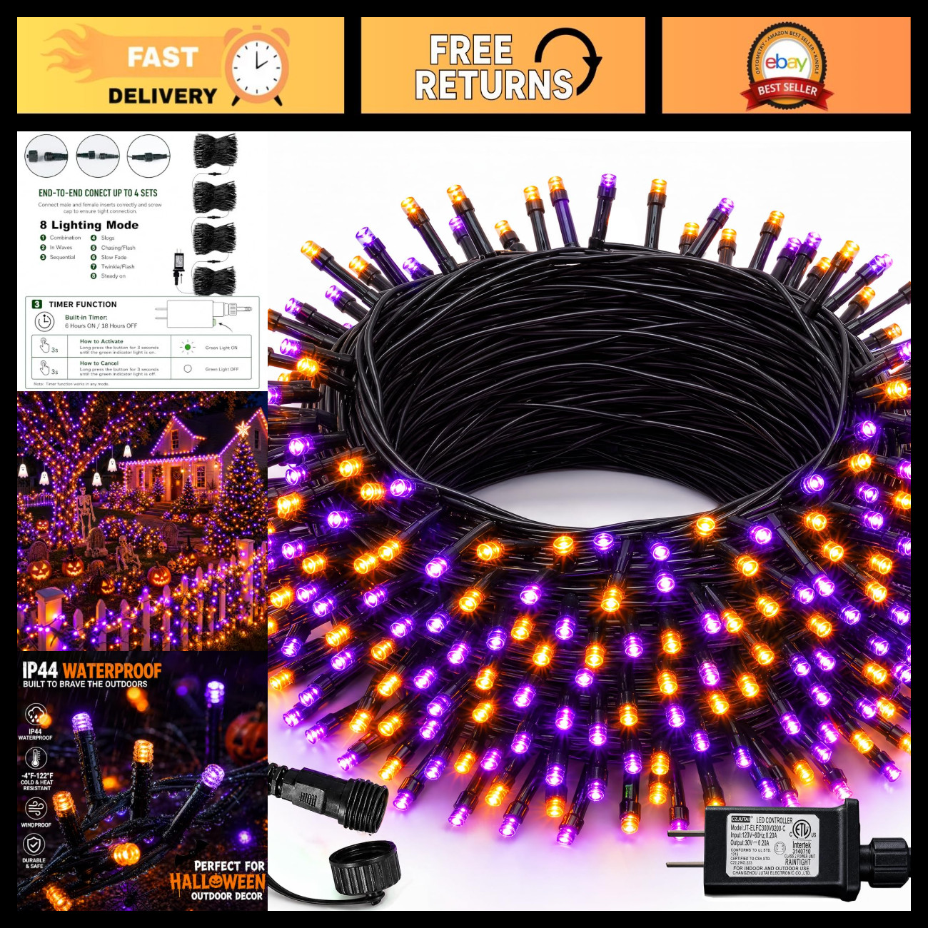DAZZLE BRIGHT Halloween 300 LED String Lights, 100FT String Lights with 8 Lighti