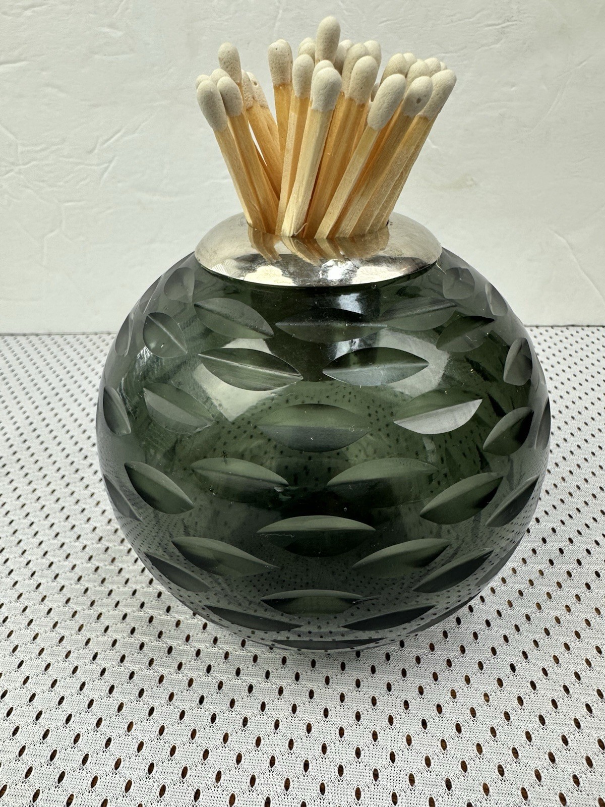 Vintage Style Green Glass Match Striker Holder Cigar Lounge Decor Etched Leaf