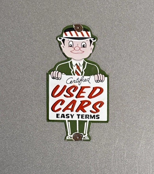 VINTAGE USED CAR DEALERSHIP STORE PORCELAIN SIGN CAR GAS MOTORCYCLE OIL TRUCK