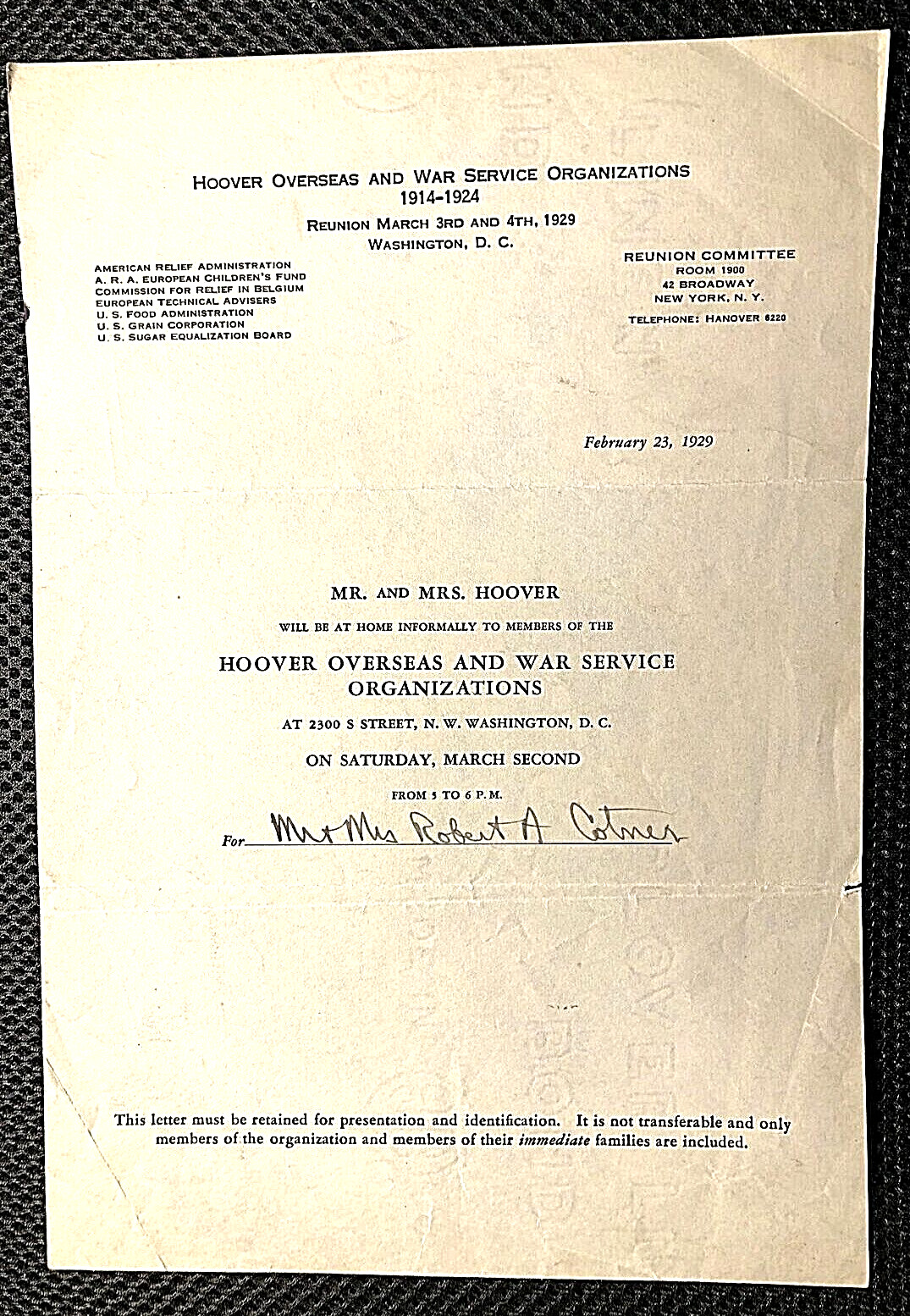 HERBERT HOOVER VERY RARE ORIGINAL 1929 INVITATION TO VISIT HIM AT HIS HOME