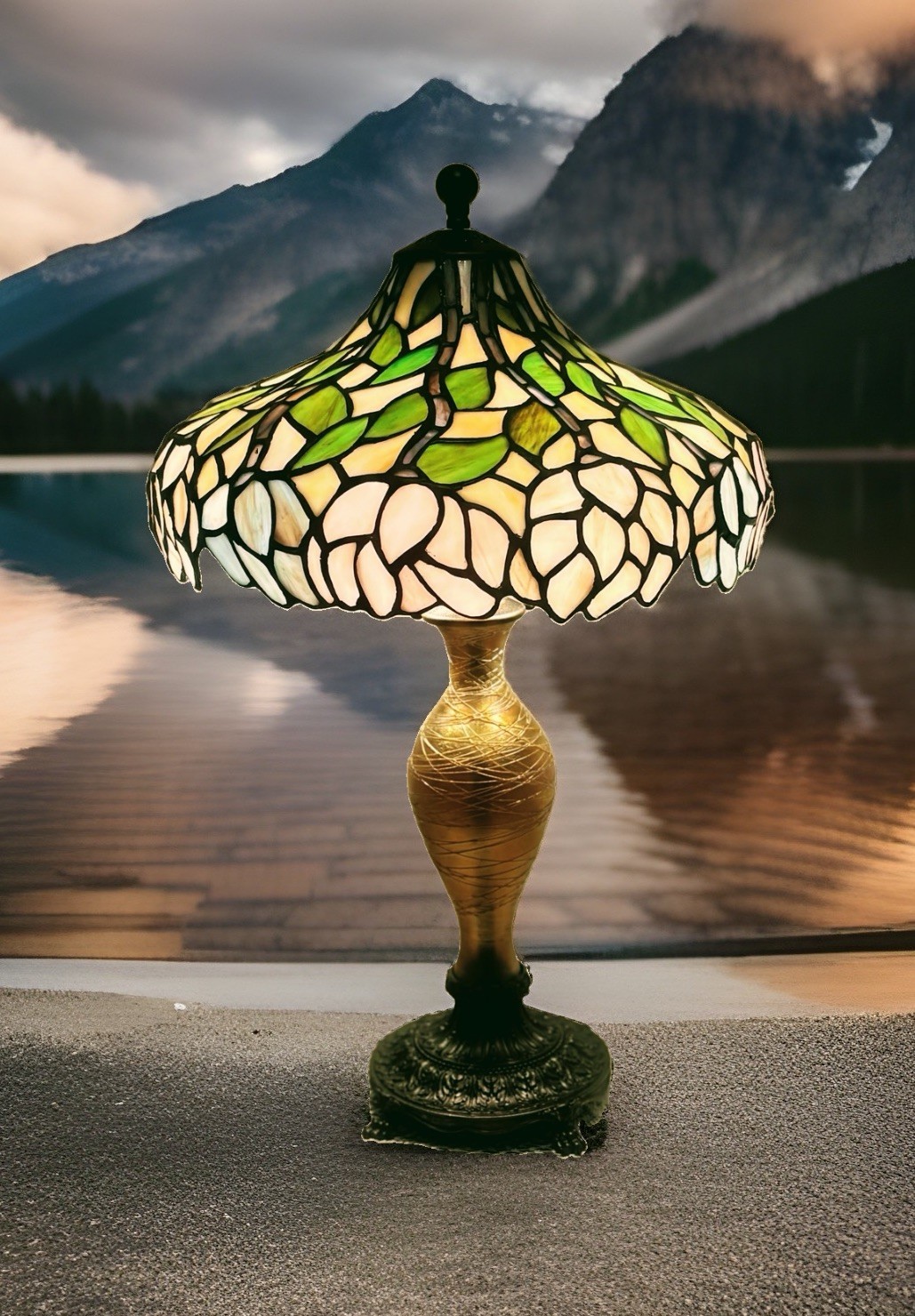 M.S. Co Aurene 21” Table Lamp With A Meyda Tiffany Leaded Shade 