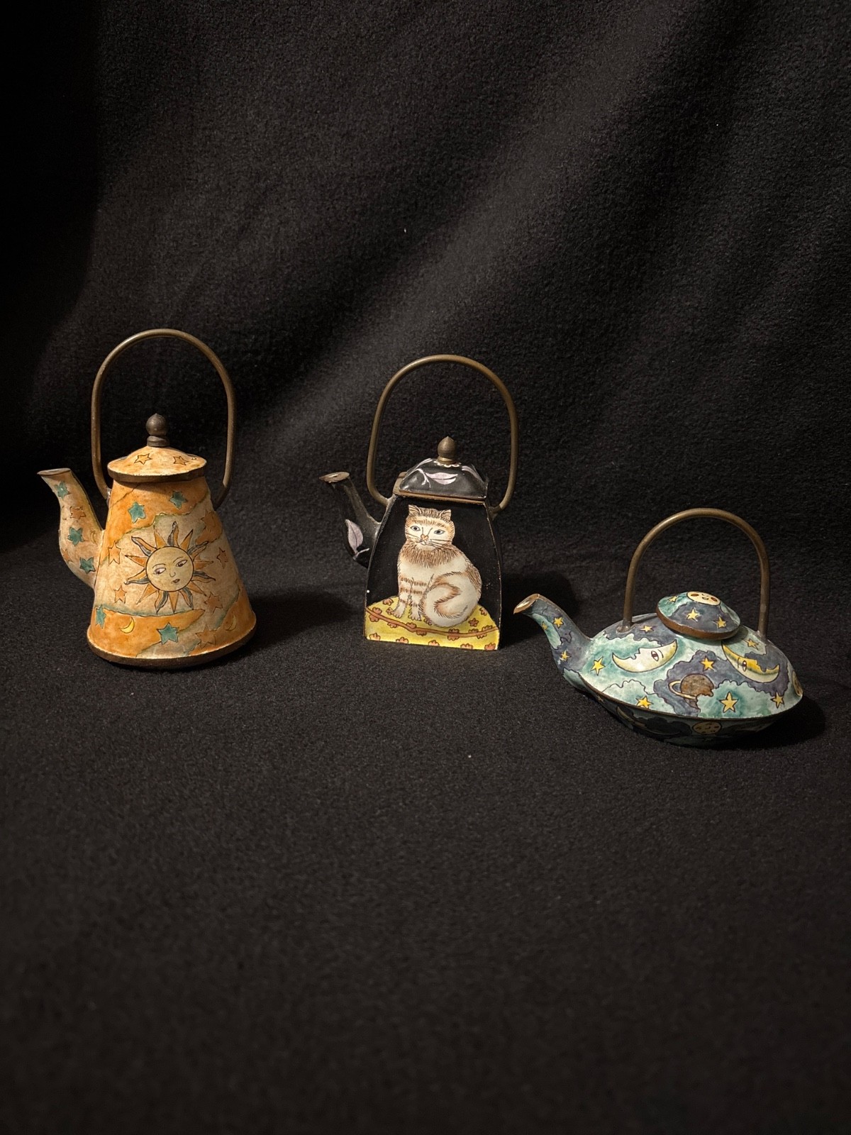 Empress Arts 3 piece Miniature Teapots Enameled Brass Trim Hand Painted