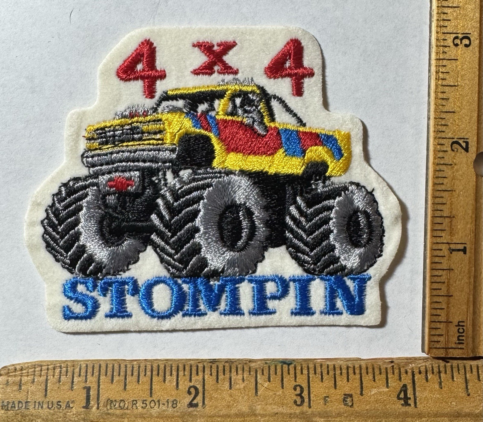 Vintage Monster Truck 4x4 Stompin Iron On Felt Patch Yellow Pickup Truck