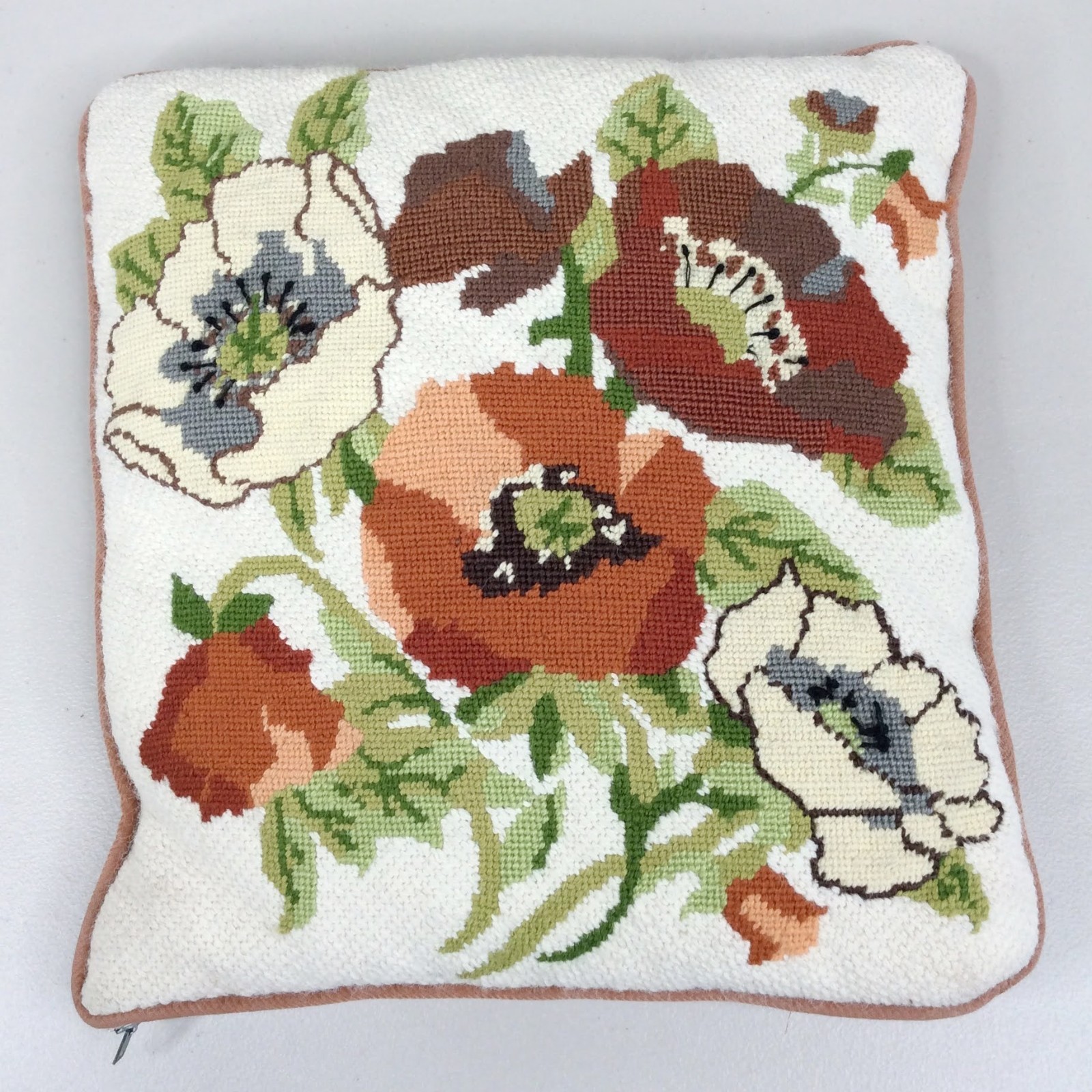 Vintage Needlepoint Handmade Decor Pillow w/ Zipped Cover Floral Pansies