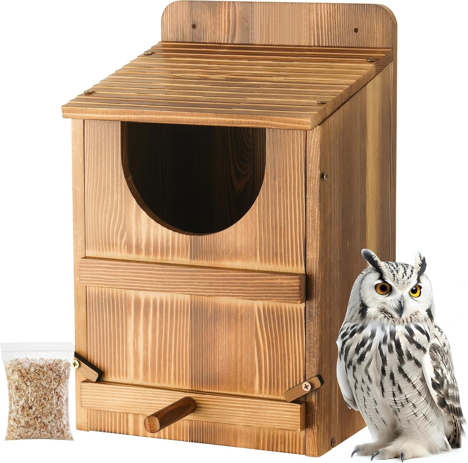 Large Wooden Owl Nesting Box with Stand & Shavings for Outdoor Birds