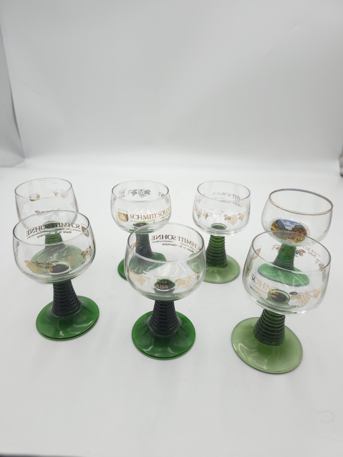 Vintage Schmitt Söhne German Wine Glasses Green Stem Goblets Set of 7 Germany