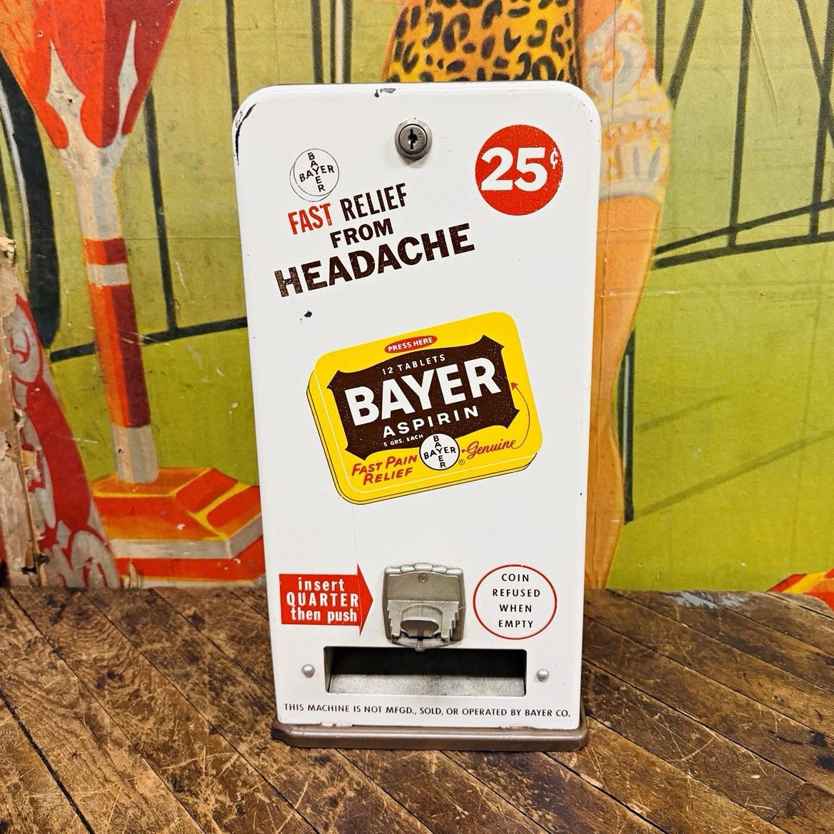 VINTAGE C. 1960 BAYER ASPIRIN VENDING MACHINE SIGN COIN OPERATED MEDICINE RARE