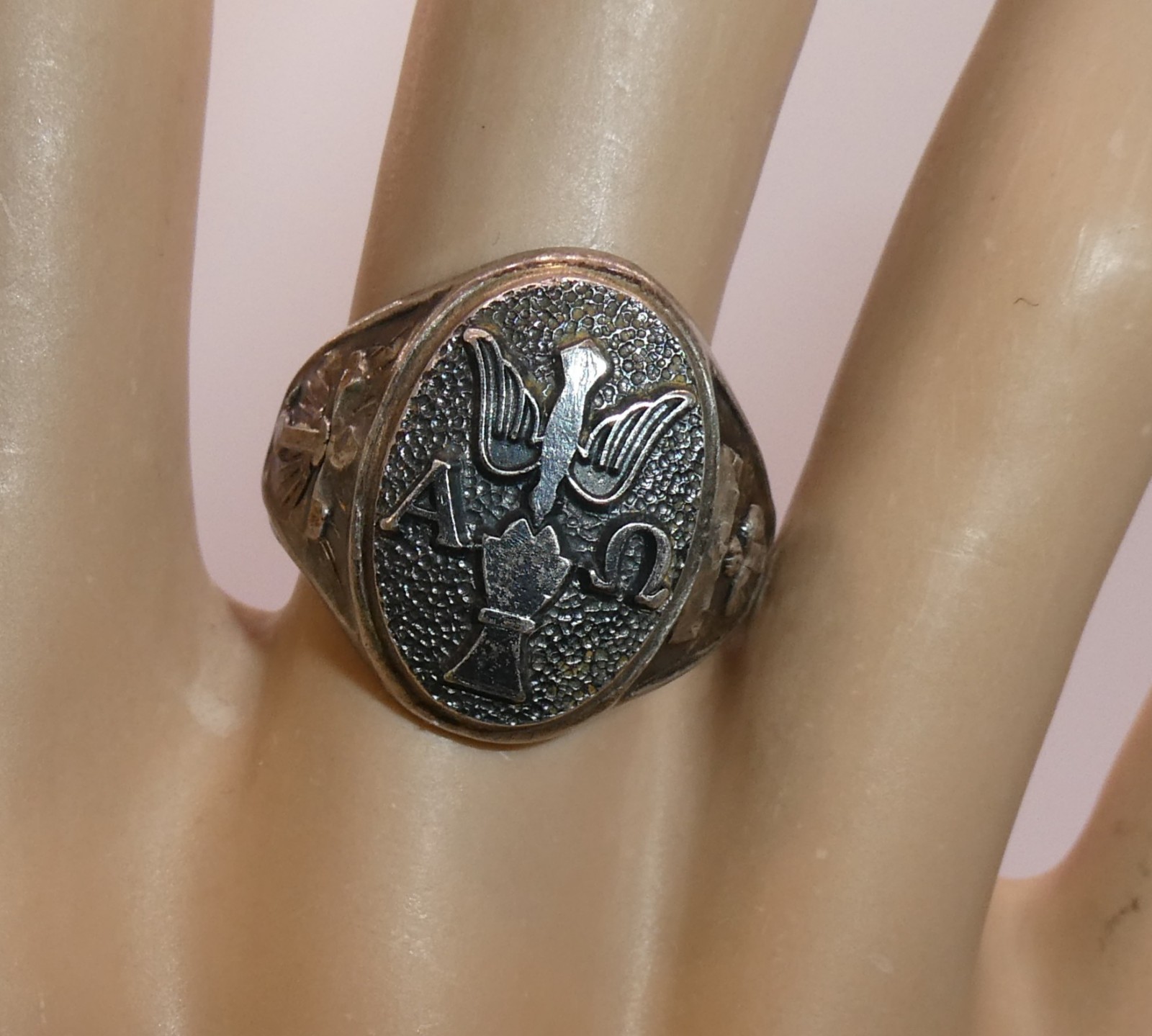 Vintage Signed CREED Sterling Silver Episcopal Signet Ring  Adjust. Dove Crosss