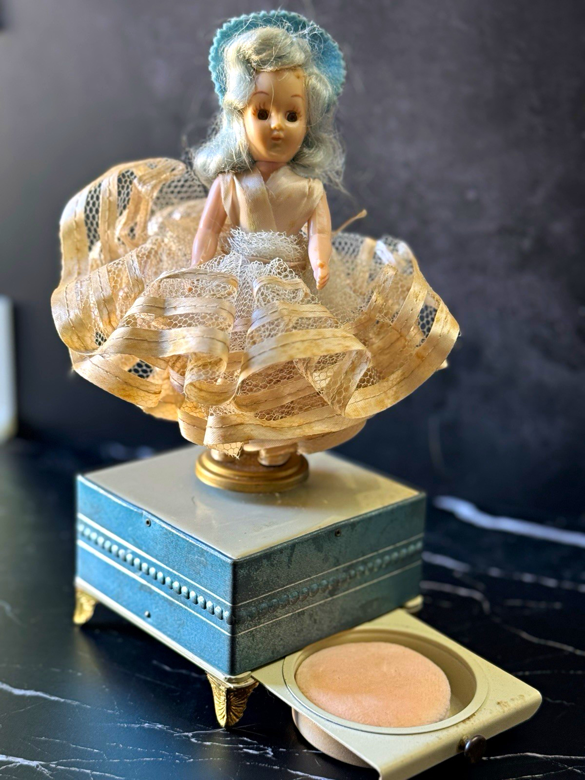 Vintage 1950s Doll Vanity Music Box with Powder Puff Drawer –Working Musical Box