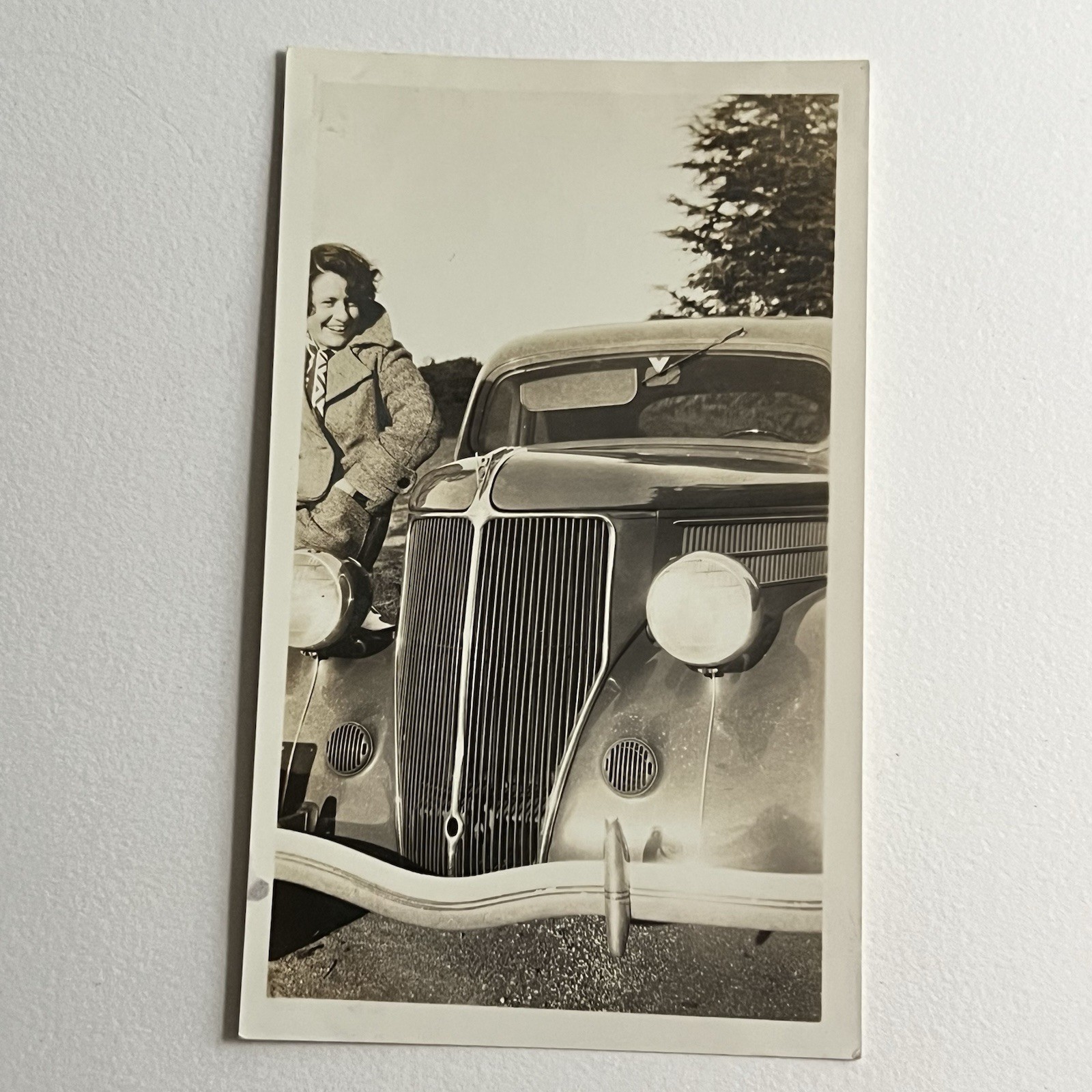 Vintage B&W Snapshot Photograph Beautiful Car 1936 Ford DeLuxe Model & Woman