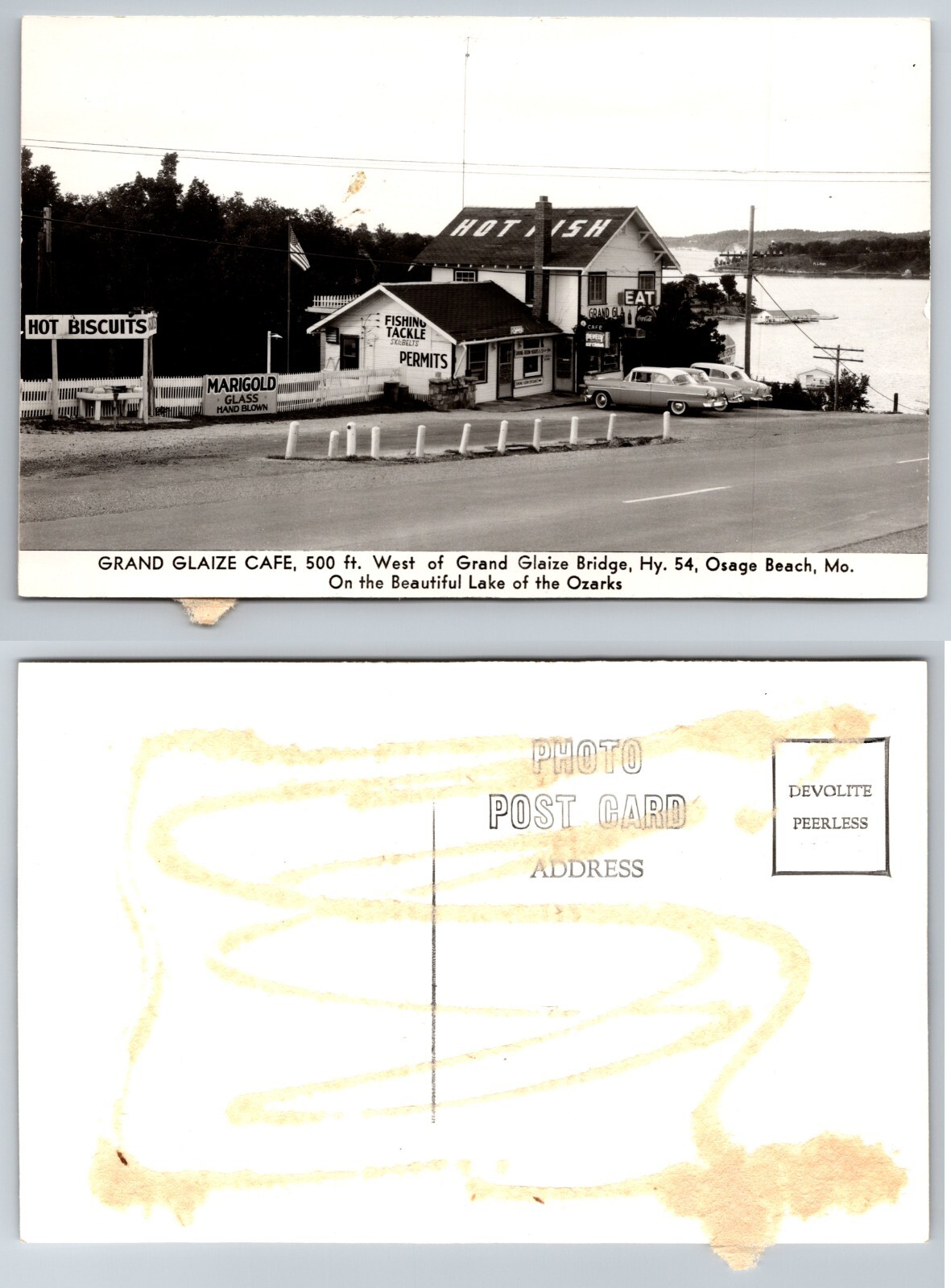 RPPC Grand Glaize Cafe Lake Ozarks Cars Signage Missouri MO Postcard