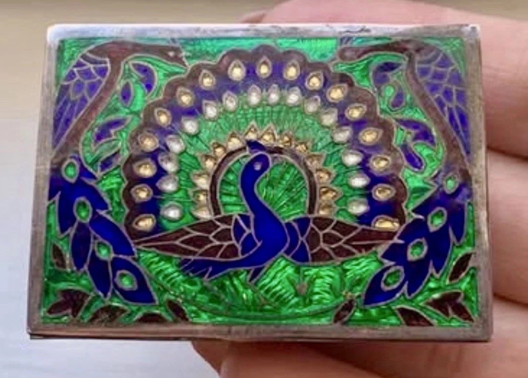 Gorgeous Antique Small Sterling Silver & Enamel Peacock Bird Hinged Box Decor