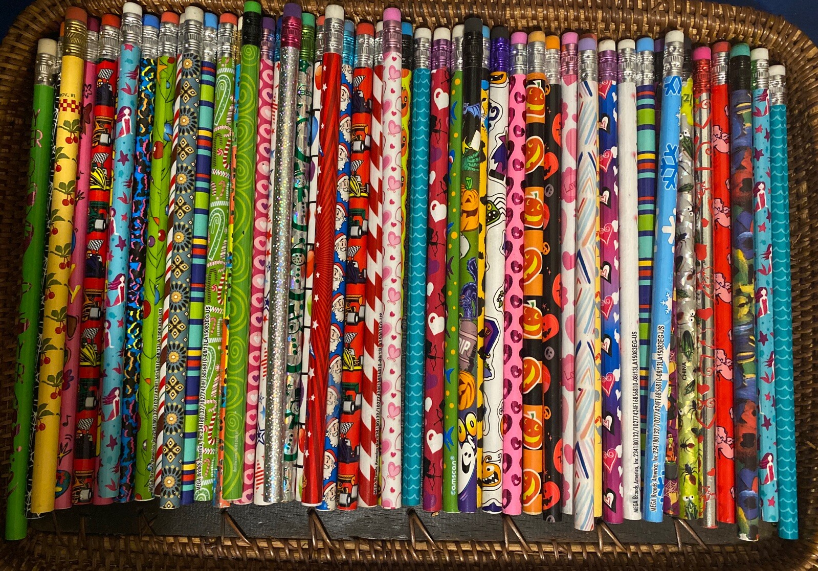 Lot Of 50 Unsharpened Wooden Pencils - Various Colors Designs All With Erasers