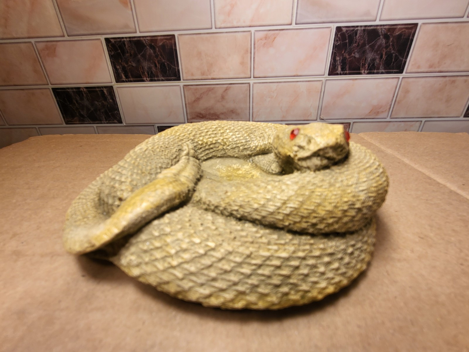 Vtg Rattlesnake Chalkware Coin Dish/ Ashtray W/Red Eyes 4.5