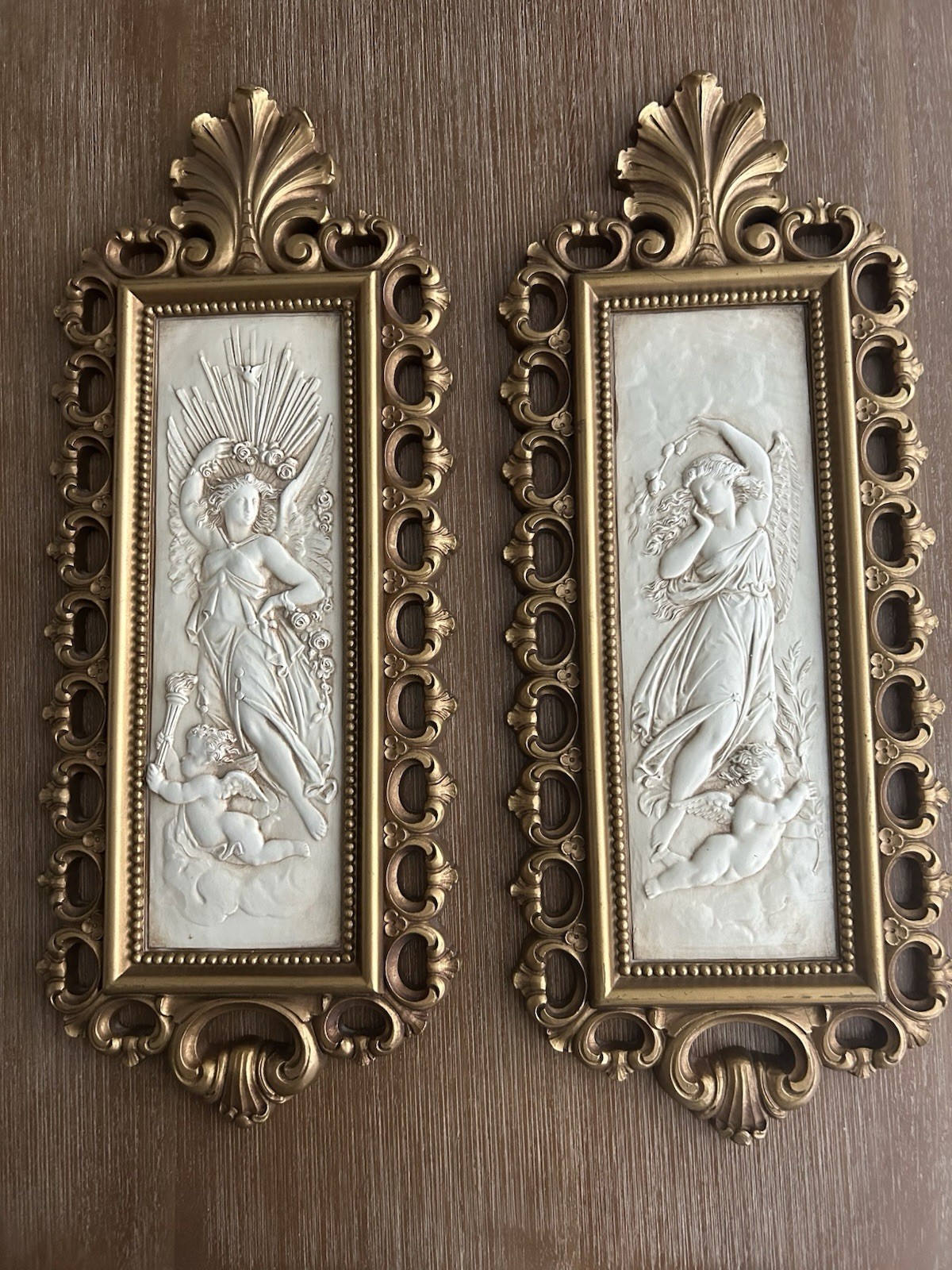 2 Vintage Homco Dart Classical Regency Angel Wall Plaques ( #7410), 18” X 7.25”.