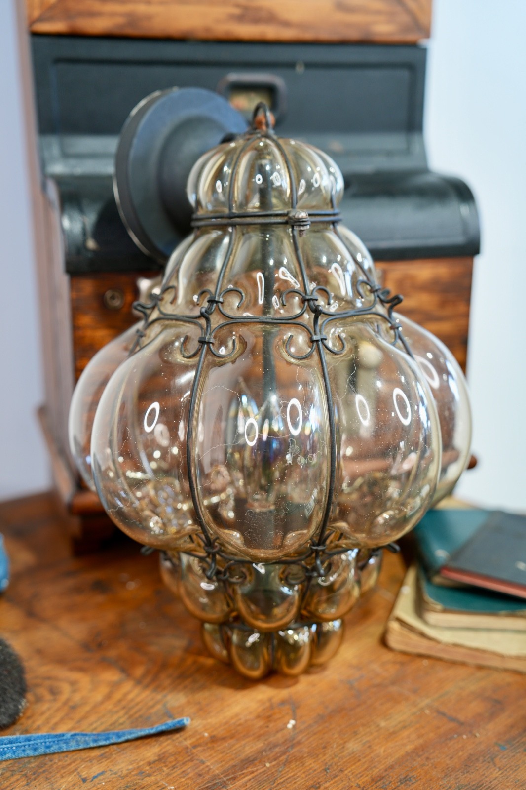 Vintage Handblown Seguso Murano Caged Glass Hanging Light Fixture Swag Lamp Rare