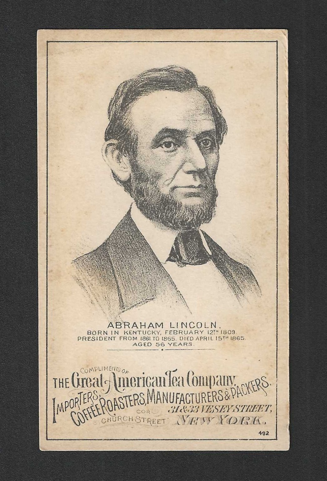 c1880's HD2A Trade Card - Great American Tea Company - President Abraham Lincoln