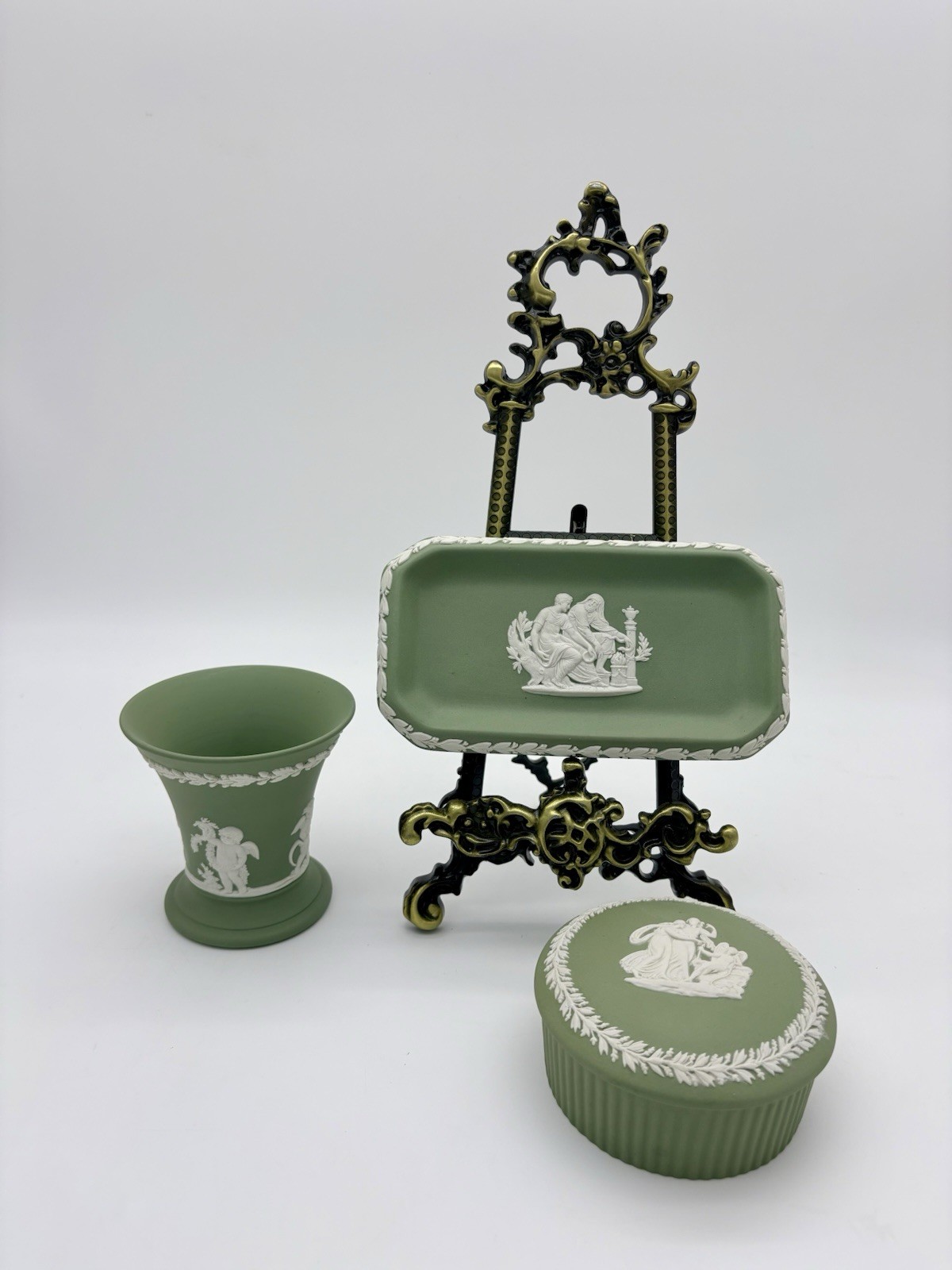 Vintage Wedgwood Sage Green Jasperware 3 Piece Trinket Box Tray Vase Set