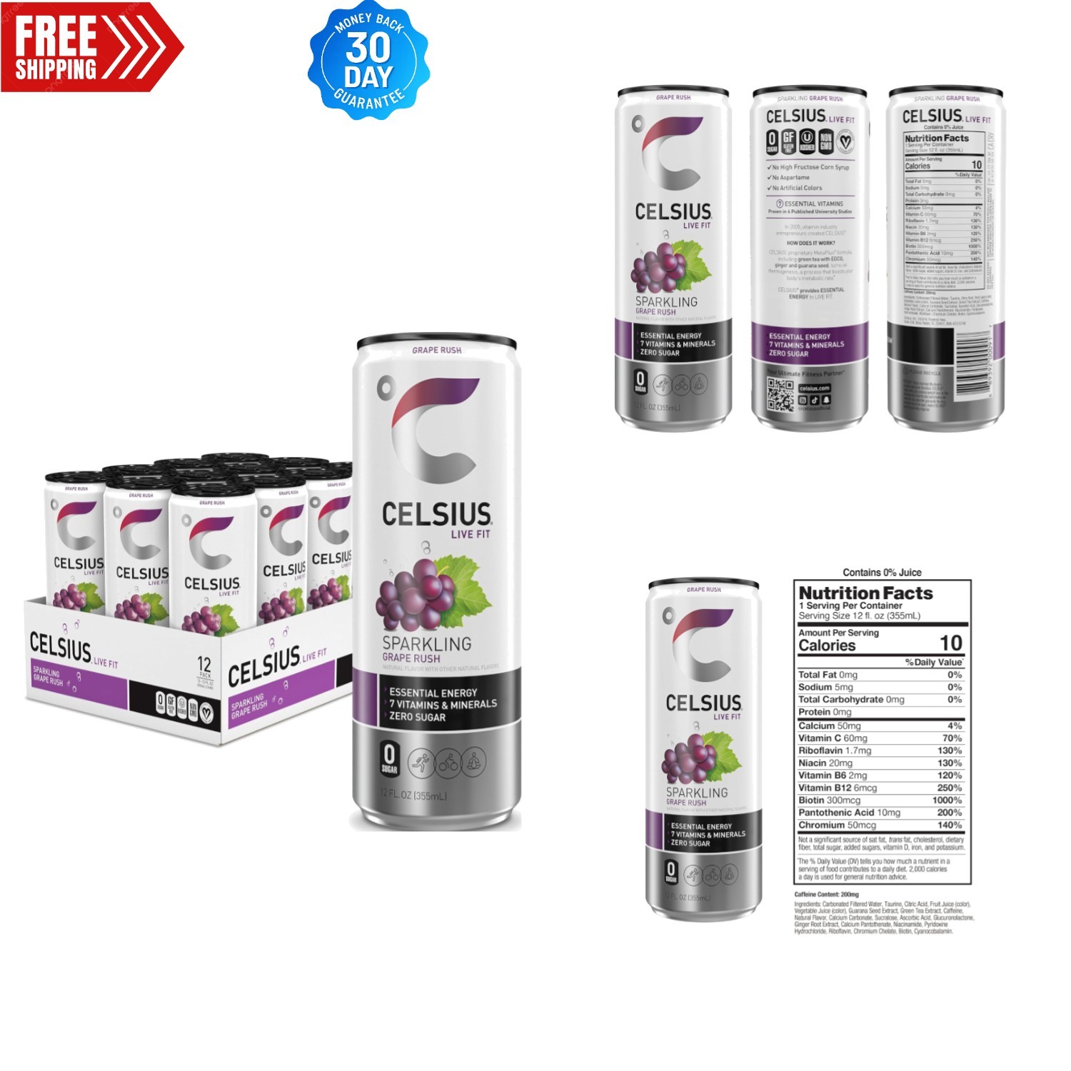 Revitalize with Sparkling Grape Rush -  & Gluten-Free Energy Drink 12-Pack
