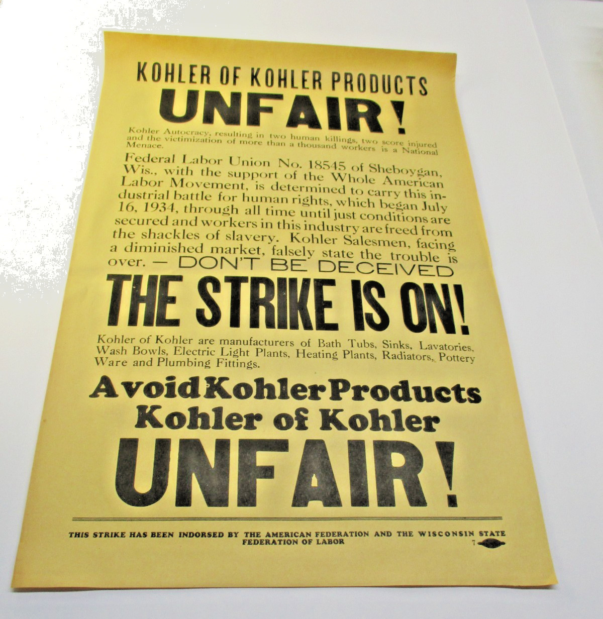 Historic Strike Sign Poster. Kohler Co. 1934 Very Rare