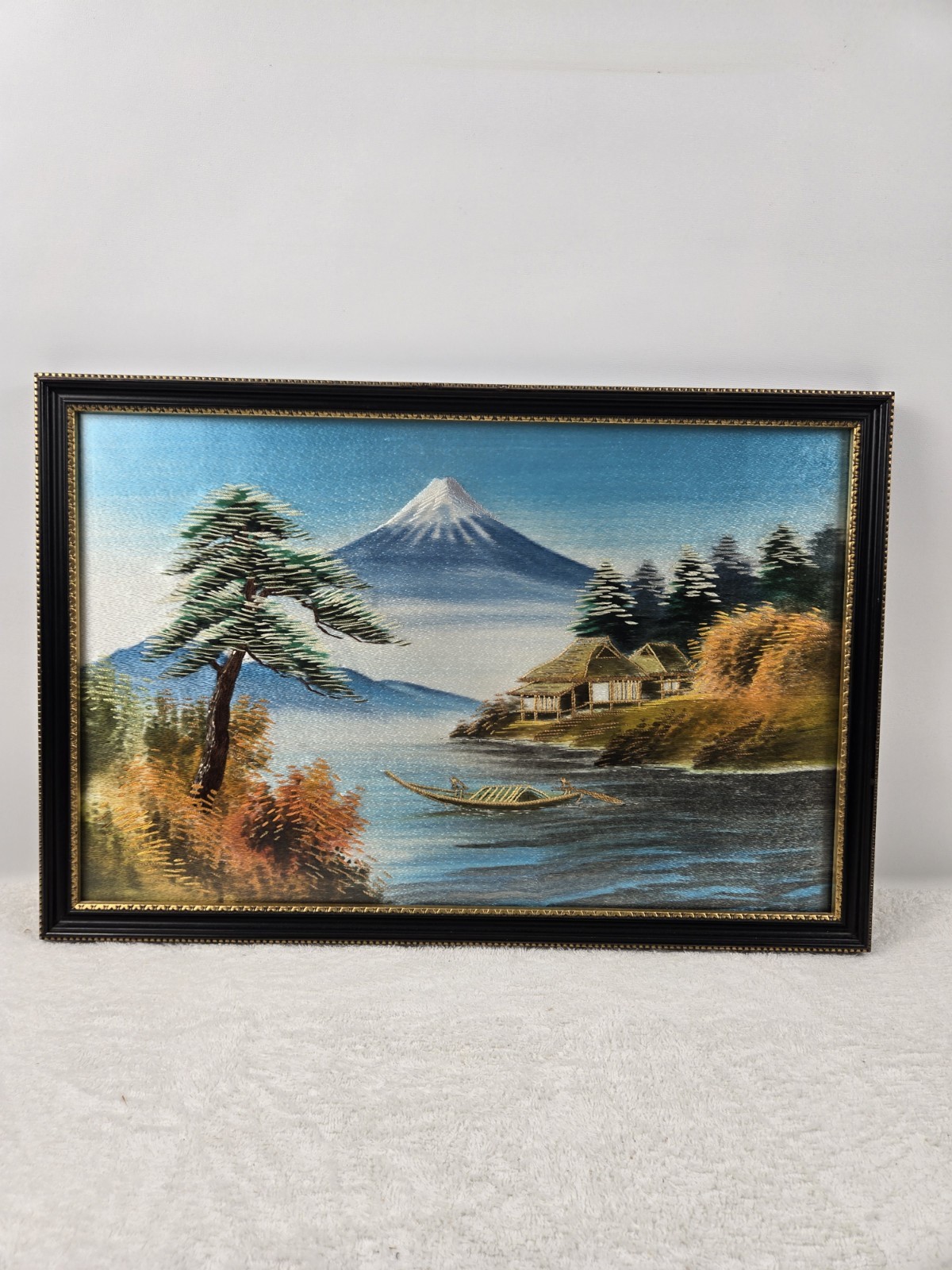 Vintage Japanese Silk Embroidery Of Mount Fuji Hand Stitched Details Framed 
