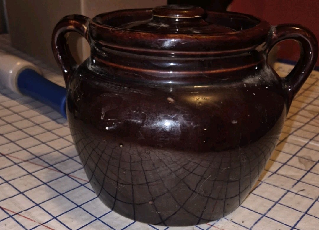 Vintage USA Brown Glazed Stoneware Bean Pot Handled Crock with Lid Farmhouse