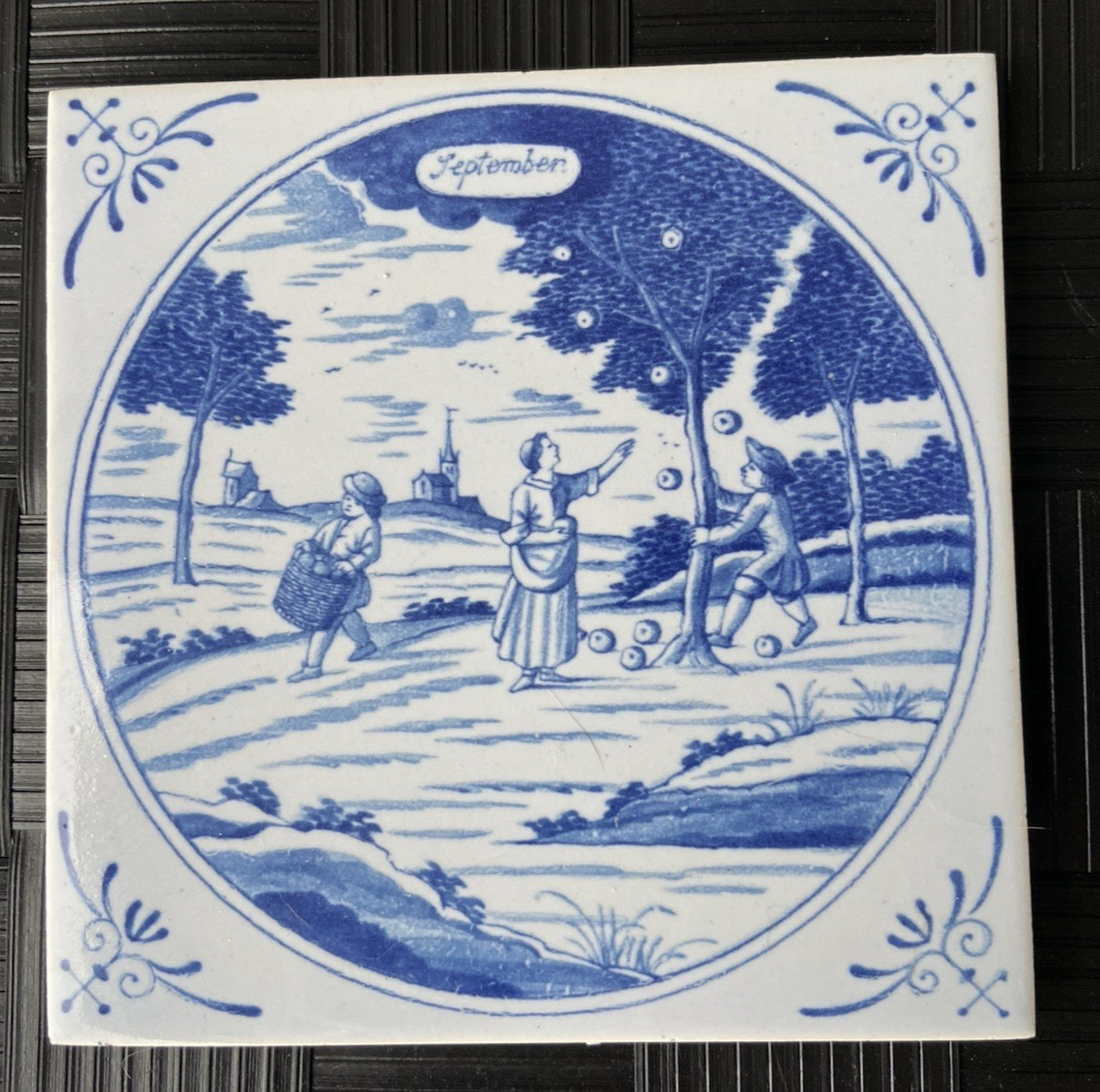 VTG Westraven Delft Blue Tile September Apple Picking Utrect Holland Dated 1979