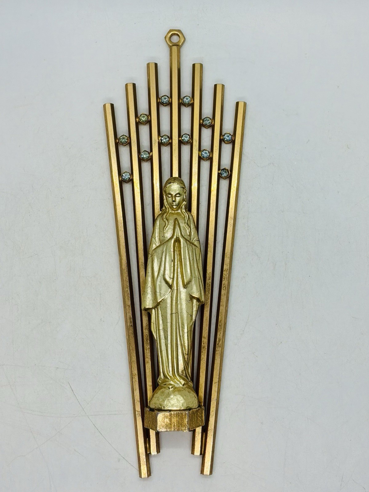 Vintage Mid-Century Modern Brass Madonna Wall Plaque Shrine Sunburst Rhinestone