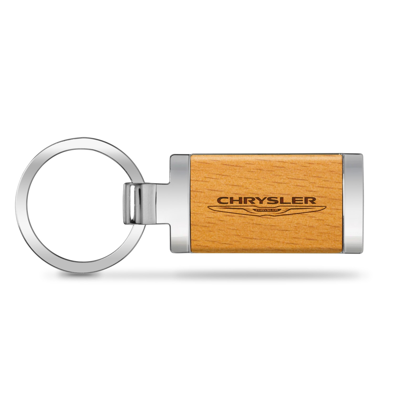 Chrysler Logo Laser Engraved Maple Wood Chrome Metal Trim Key Chain
