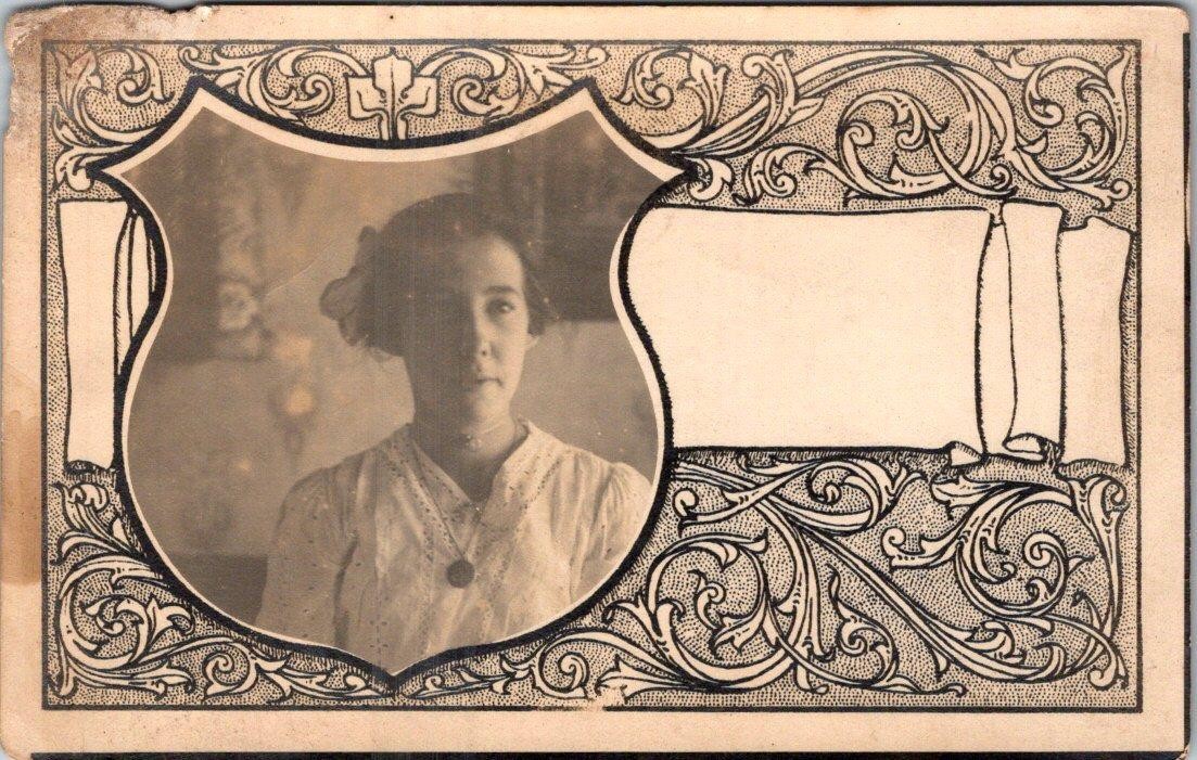 1907-10\'s RPPC GIRL FANCY UNUSUAL BORDER ANTIQUE REAL PHOTO POSTCARD