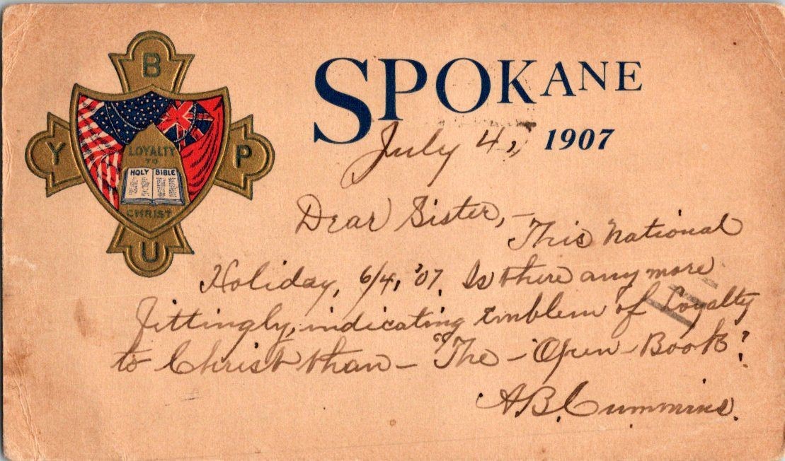 Spokane WA 1907 July 4th BYPU Baptist Young People's Union Emblem Postcard