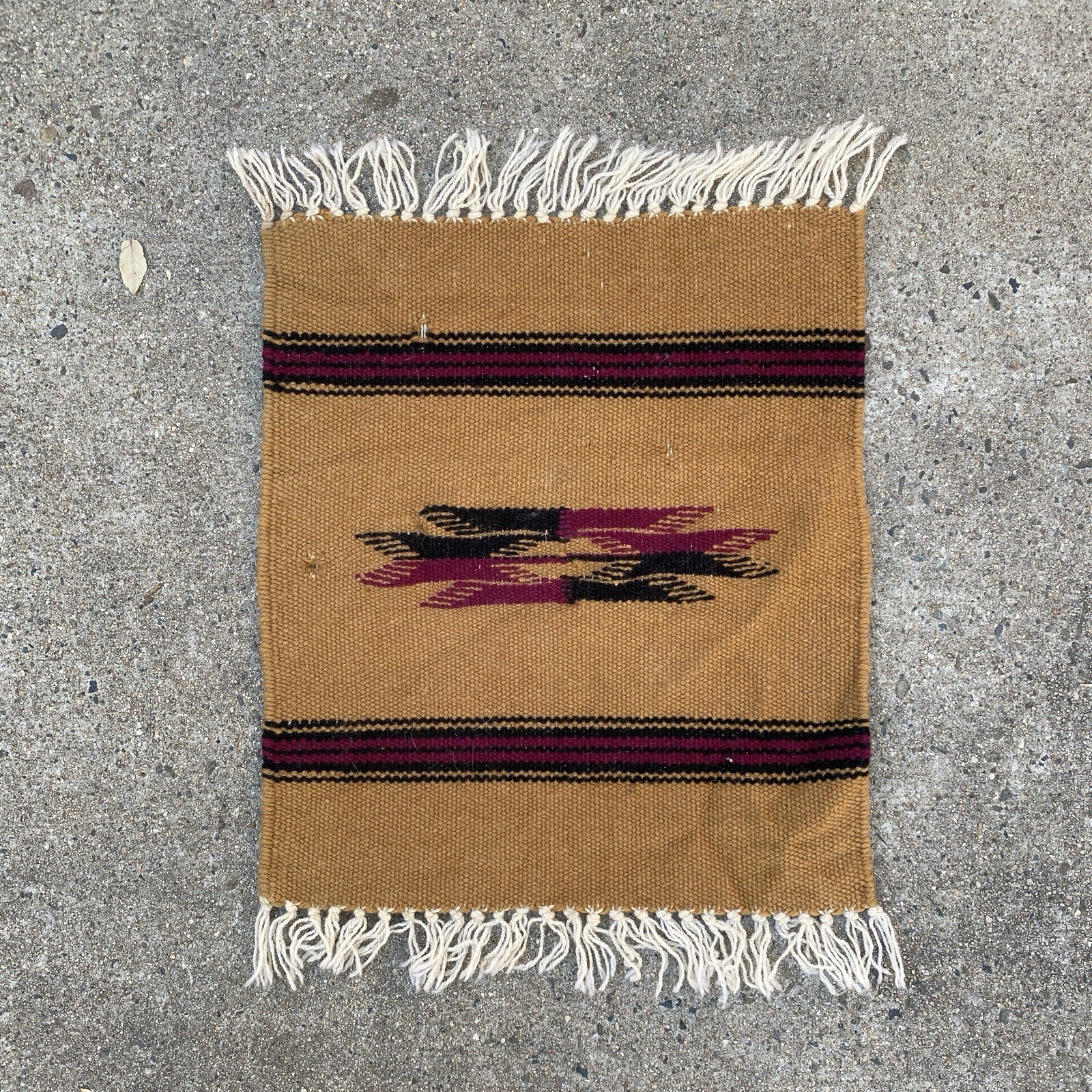 Vintage Chimayo Small Rug Wool Golden Brown + Burgundy